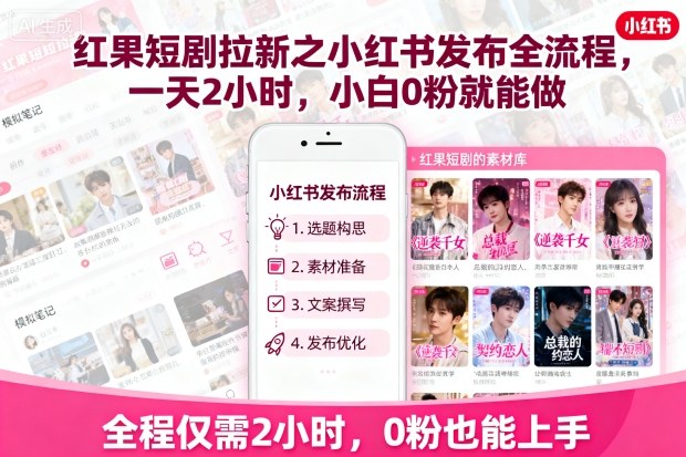 红果短剧拉新之小红书发布全流程，一天2小时，小白0粉就能做-创淘项目网