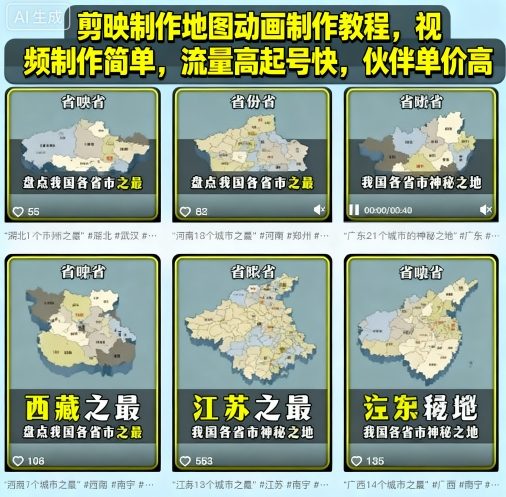 剪映制作地图动画制作教程，视频制作简单，流量高起号快，伙伴单价高-创淘项目网